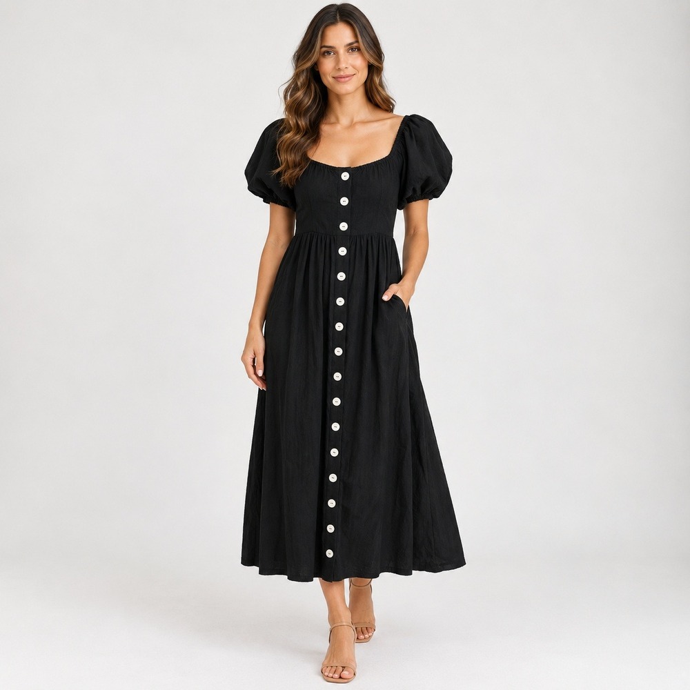Pomander Place Alexis Midi Dress M Black Linen Blend Puff Sleeve Tuckernuck